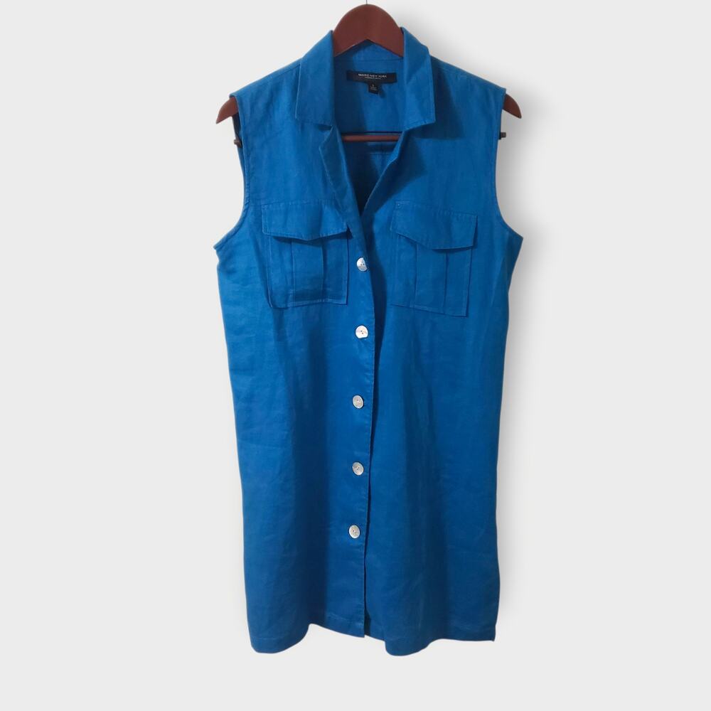 Marc New York 100% Linen Sleeveless Button Front Tunic Shirt Turquoise Small